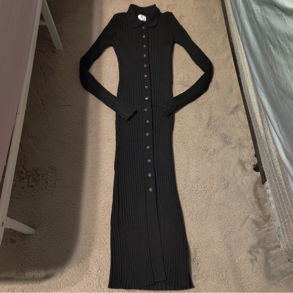 Anine Bing Joslyn Midi Dress Black Long Sleeve Knit Sweater Button Front Ribbed - Picture 3 of 7